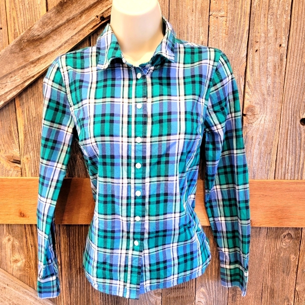Talbots Shirt Womens Petite Blue green Plaid Button Up Casual Long Sleeve career